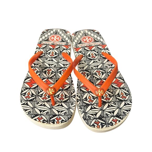 Tory Burch Graphic Logo Flip Flops – Orange & Black, Size 9 - Picture 1 of 5